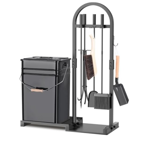 Conjunto de ferramentas de lareira, 8 peças de acessórios de lareira de ferro forjado resistente de 8 peças, pôquer/pinça/pá/escova/balde de cinzas/suporte de suporte, ferramentas de fogo de aço