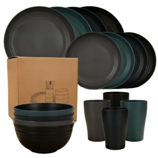 Conjunto de Louça Reutilizável 16 Peças – 8 Pratos, 4 Bowls e 4 Copos | Feito de Palha de Trigo Livre de BPA, Uso no Micro-ondas e Lava-louças | Leve, Durável e Ecológico