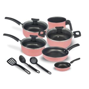 Conjunto de Panelas Antiaderente, 9 Peças, Cereja, Alumínio com Tampa de Vidro, Utensílios em Nylon, Compatível com Fogão a Gás e Elétrico