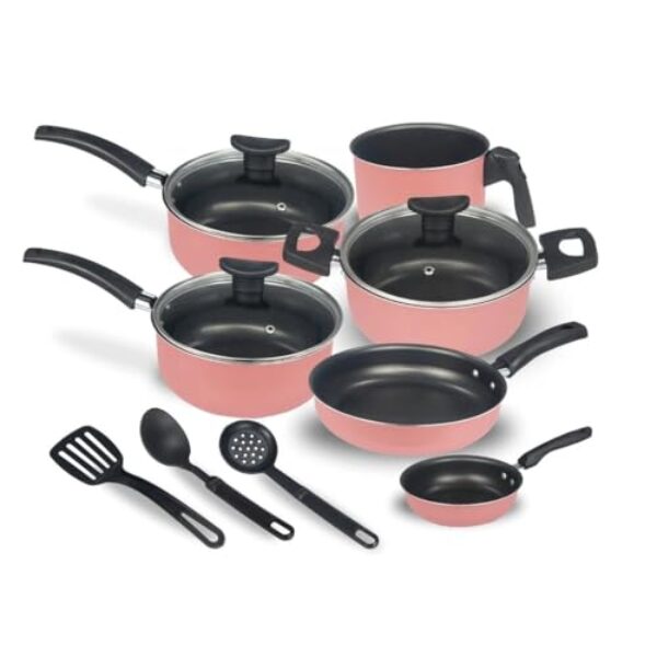 Conjunto de Panelas Antiaderente, 9 Peças, Cereja, Alumínio com Tampa de Vidro, Utensílios em Nylon, Compatível com Fogão a Gás e Elétrico
