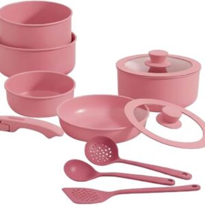 Conjunto de Panelas Antiaderente em Cerâmica, 11 Peças, Rosa, com Cabos Removíveis, Design Empilhável, Tampas de Vidro, Compatível com Fogão a Gás, Elétrico e Indução