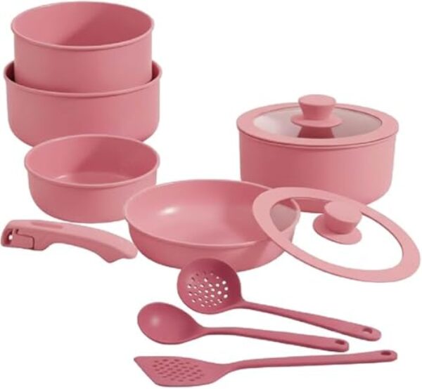 Conjunto de Panelas Antiaderente em Cerâmica, 11 Peças, Rosa, com Cabos Removíveis, Design Empilhável, Tampas de Vidro, Compatível com Fogão a Gás, Elétrico e Indução