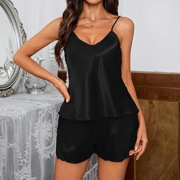 Conjunto de pijama feminino macio e confortável com alça de renda, Preto, P