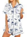 Conjunto de pijamas femininos de manga curta com estampa de animais fofos conjuntos de pijama com botões, B branco, GG