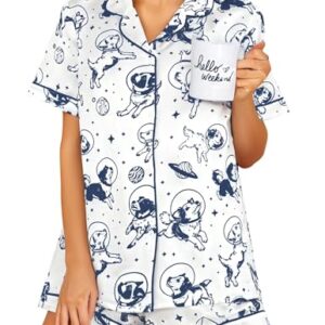 Conjunto de pijamas femininos de manga curta com estampa de animais fofos conjuntos de pijama com botões, B branco, GG