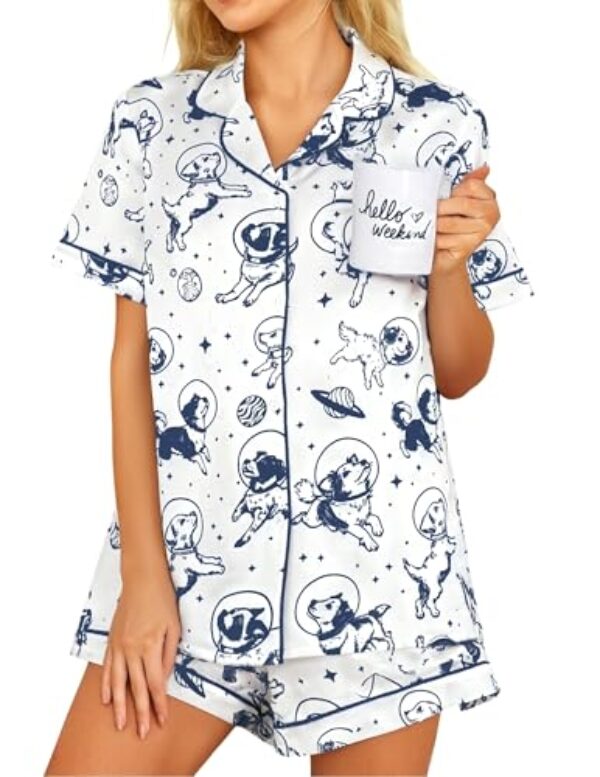 Conjunto de pijamas femininos de manga curta com estampa de animais fofos conjuntos de pijama com botões, B branco, GG