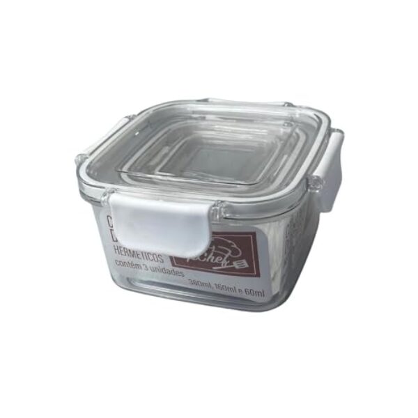 Conjunto de Potes Quadrados, 3 Peças, Plástico Transparente com Tampa Branca, 60ml/160ml/380ml, Sistema de Vedação, Empilháveis, para Armazenamento de Alimentos