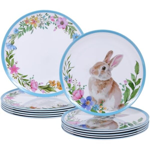 Conjunto de pratos de jantar de melamina de Páscoa de 12 peças - pratos verdes inquebráveis de 25 cm para festas de primavera, conjunto de utensílios de mesa leves e duráveis com estampa de coelho