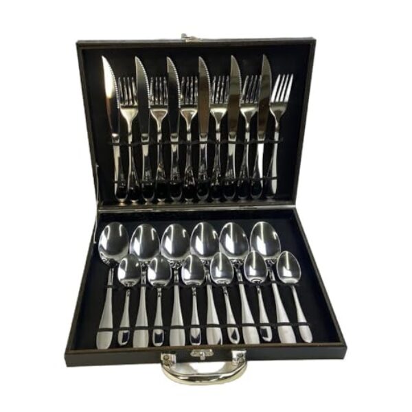 Conjunto de Talheres Inox 24 Peças, Maleta Preta de Armazenamento, Garfos e Colheres para Cozinha, Uso Manual, Lavar à Mão ou Lava-Louças