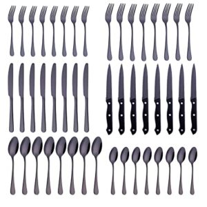 Conjunto de talheres pretos de 48 peças com facas de bife, conjunto de talheres de aço inoxidável Kitiok para 8, inclui garfos, facas e colheres, pode ser lavado na lava-louças, presentes de Ação de Graças