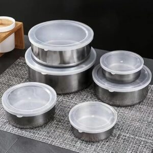 Conjunto de Tigelas em Aço Inox, 5 Peças com Tampa Plástica, 200ml a 1400ml, Potes Empilháveis para Cozinha