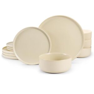 Conjunto de utensílios de jantar, 12 peças, por vaso e vaso, pratos de jantar de cerâmica de 26,7 cm, pratos de salada de 21 cm e tigelas de sopa de 740 ml, grés, micro-ondas e lava-louças, conjunto