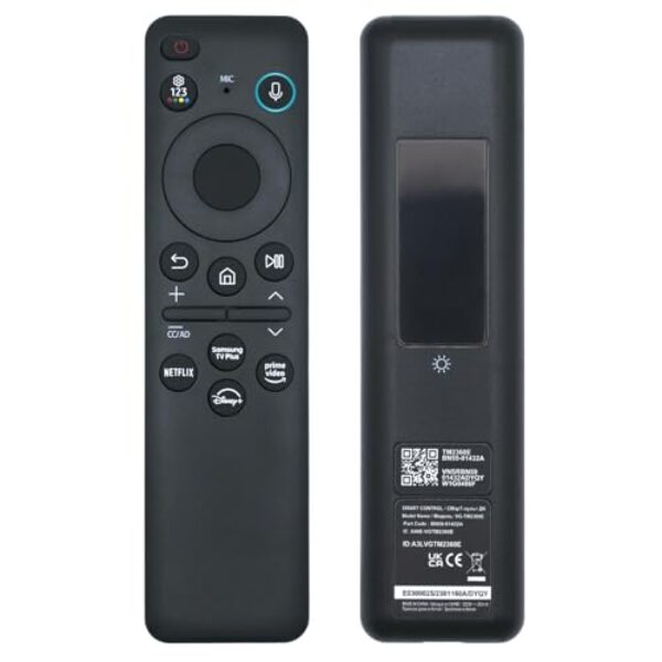 Controle remoto por voz solar BN59-01432A, recarregável por USB-C, Bluetooth com carregamento solar, compatível com Smart TV Samsung Neo QLED S90D Smart 8K HDR Ultra HD - Preto