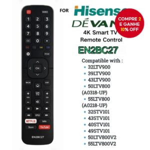 Controle Remoto Universal para TV Hisense EN2BC27, para TVs Hisense LED LCD 4K UHD Android Smart.