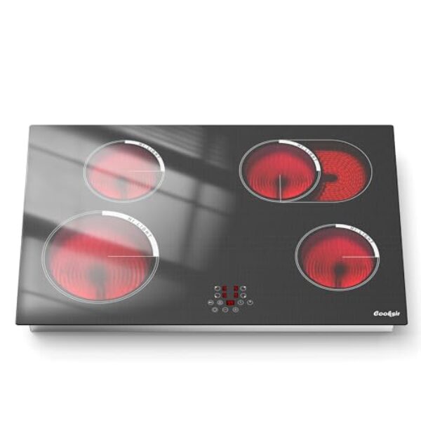 Cooksir Fogão elétrico de 76 polegadas com 4 bocas – Fogão elétrico embutido 76 cm 6700W, zona expandida de cerâmica radiante, estrutura de metal de vidro, trava de segurança, temporizador, 220-240 V