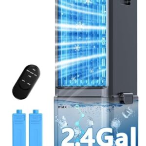 COOLECH Ar condicionado sem janelas com 4 modos e 3 velocidades, alerta sem água, tanque de 2,4 galões para refrigeração de 20 horas, temporizador de 12 horas, controlo remoto de 20 pés