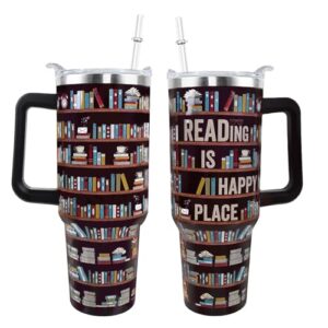 Copo Book Lovers Tumbler de 1,134 g com alça e tampa de canudo à prova de vazamento Caneca de café de viagem para amantes de livros com alça isolada para gelo quente e frio - Presentes para amantes de