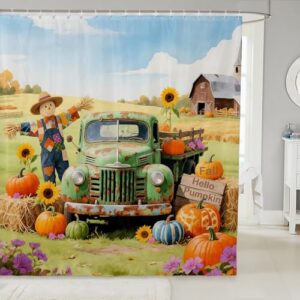 Cortina de chuveiro outono abóbora caminhão colheita espantalho cortina de chuveiro para crianças, meninas, meninos, rústico, Ação de Graças, girassol, cortinas de banho com 12 ganchos, terno laranja