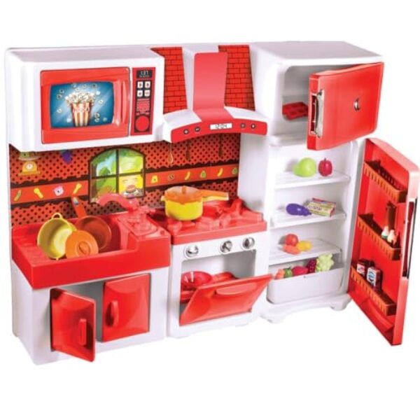 Cozinha de Brinquedo Infantil com Geladeira,Faz de Conta e Casinha, Armário, Fogão e Coifa, Conjuntos de Cozinha de Brinquedo - Vermelha