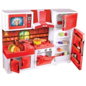Cozinha de Brinquedo Infantil com Geladeira, Fogão, Micro-ondas Interativo, Armários, Plástico, Vermelho e Branco, 64x18x83cm, para Crianças a partir de 3 Anos