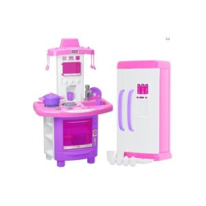 Cozinha Infantil de Brinquedo Rosa e Branca, Plástico, com Fogão, Geladeira, Pia, Micro-ondas, Armário, Acessórios, 64x18x83cm, para Crianças a partir de 3 Anos