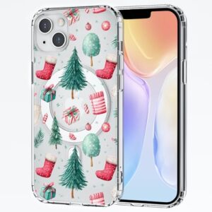 CozyNestCY Capa magnética de árvore de Natal para iPhone 15 Pro Max capa de telefone transparente de presente de festival fofa compatível com Mag Safe sem fio com estampa de natal proteção fina