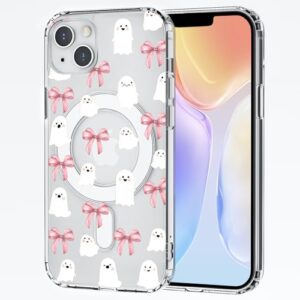 CozyNestCY Capa magnética fofa com laço rosa fantasma para iPhone 15 Halloween Design capa de telefone transparente compatível com Mag Safe Wireless Slim Fashion capa de telefone antiamarela à prova