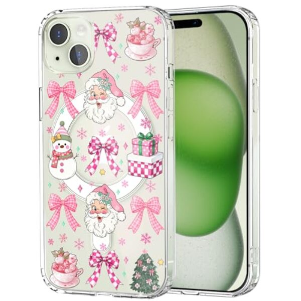 CozyNestCY Capa magnética rosa de Natal para iPhone 16 Pro Max, presente de Natal, boneco de neve, capa de telefone transparente compatível com Mag Safe sem fio fofo festival arco concha fina protege