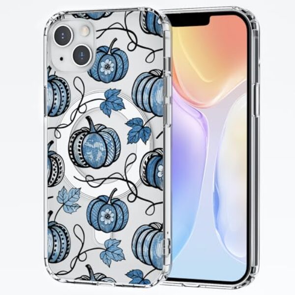 CozyNestCY Capa magnética vintage de abóbora para iPhone 15 Pro, capa de telefone transparente com folha de flor de outono, compatível com mag safe, sem fio, fina, legal para Halloween, proteção