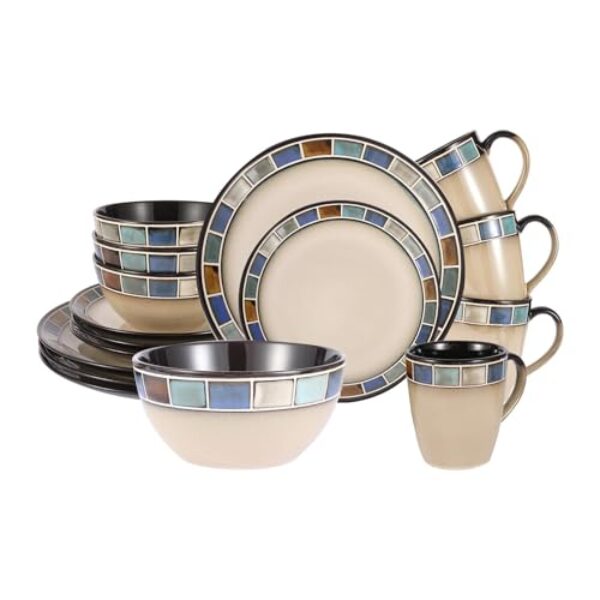 Cteaffee Conjunto de louça de grés, 16 peças, pratos, tigelas e canecas, serve para 4, pode ir ao micro-ondas e à máquina de lavar louça (azul, serviço para 4 (16 peças))