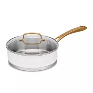 Cuisinart Frigideira clássica de aço inoxidável de 3,5 qt com tampa e alças douradas escovadas, branco fosco: seguro para forno e grelha