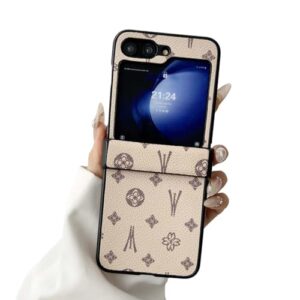 CYMADEBS Capa para Samsung Galaxy Z Flip 4 com proteção de dobradiça, carregamento sem fio, capa protetora de couro PU de designer de luxo completa anti-arranhões à prova de choque para Galaxy Z Flip