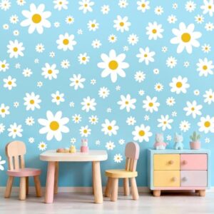 Decalque de parede margarida, 8 folhas, 96 peças, adesivos de parede de margarida, adesivos de flores brancas para decoração de parede de quarto de bebê