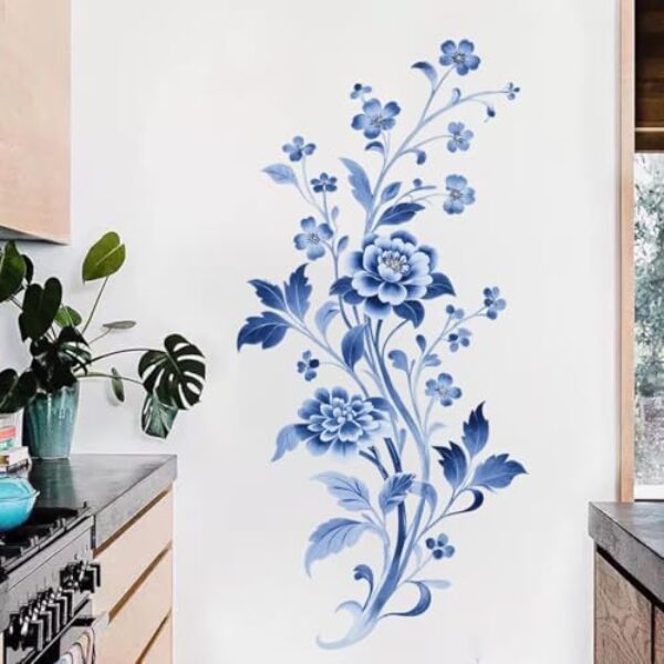 Decalques de parede florais azuis removíveis peônia floral decalques de parede ideais para banheiro, quarto, sala de estar e quarto das crianças