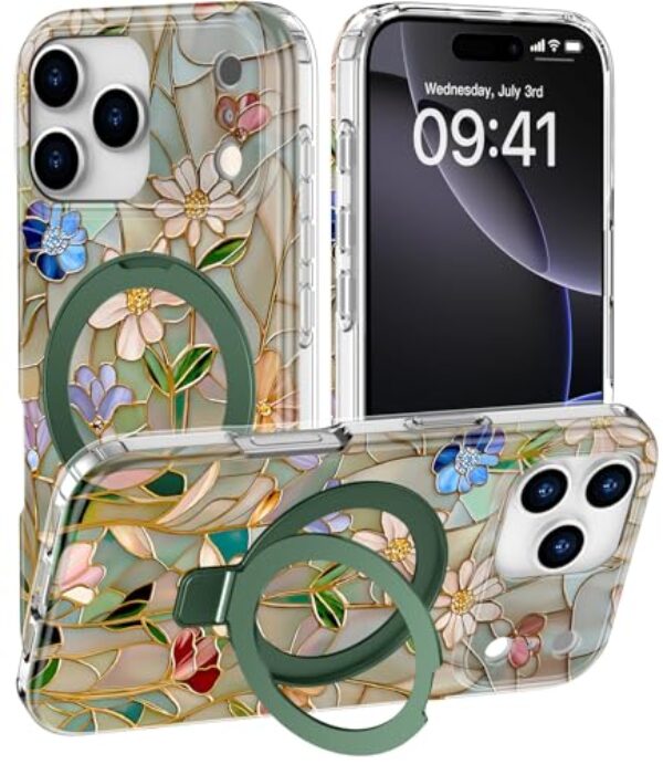 DEENAKIN Capa para iPhone 17 Pro Max – Compatível com carregamento sem fio – Suporte multifuncional integrado – Capa protetora para celular com designs bonitos da moda para mulheres – Flor colorida