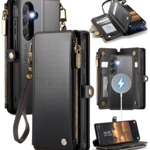 Defencase Capa carteira magnética para Samsung Galaxy S24+/S24 Plus compatível com Magsafe com zíper e suporte de cartão com bloqueio de RFID, capa de telefone removível de couro PU para Galaxy S24+