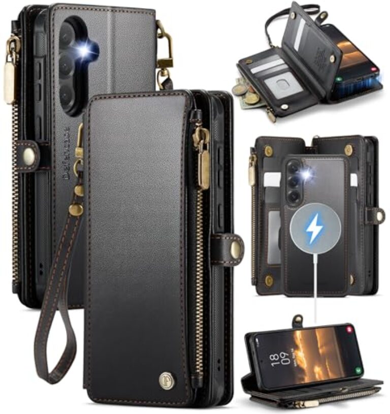 Defencase Capa carteira magnética para Samsung Galaxy S24+/S24 Plus compatível com Magsafe com zíper e suporte de cartão com bloqueio de RFID, capa de telefone removível de couro PU para Galaxy S24+