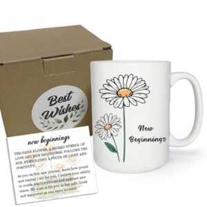 DENNSHH Presentes New Beginnings para mulheres, caneca de margarida de 425 g, presente para colega de trabalho, formatura, despedida, adeus, boa sorte, novo trabalho, separação, presentes de divórcio