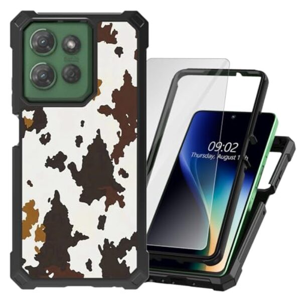 DHYYDSQZ Capa para celular Motorola Moto G 5G 2025 com protetor de tela de vidro temperado, capa protetora resistente à prova de choque de policarbonato rígido com estampa de vaca de policarbonato