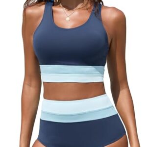 Dipinon Conjunto de biquíni feminino de cintura alta, maiô de duas peças, cor block, esportivo, atlético, cobertura moderada, Azul marinho/azul/branco, M