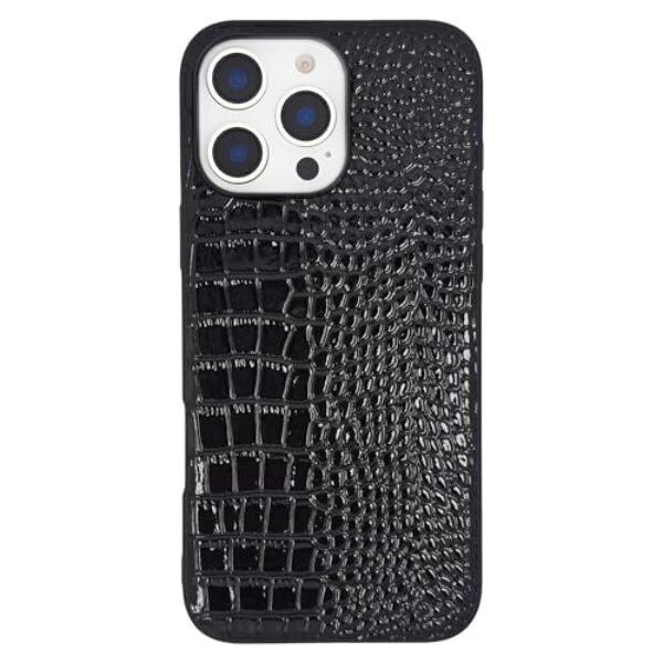 DMaos Compatível com capa para iPhone Pro para mulheres, capa de couro sintético envernizado de crocodilo, moda clássica para iPhone Pro 2024 6,1 polegadas - preta