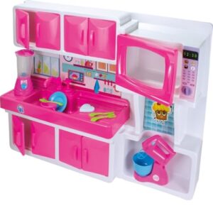 Doce Encantada Cozinha Infantil, Plástico, Rosa e Branca, 64x15x83cm, com Micro-ondas, Pia, Armário, Liquidificador, Batedeira e Talheres, para Crianças Acima de 3 Anos