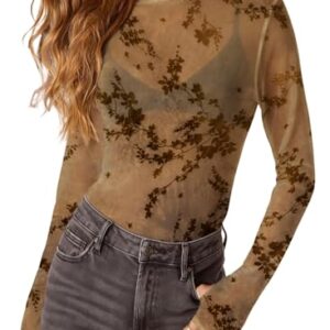 Dokotoo Camisetas femininas sexy de malha de manga comprida gola redonda sexy transparente, Bege, G