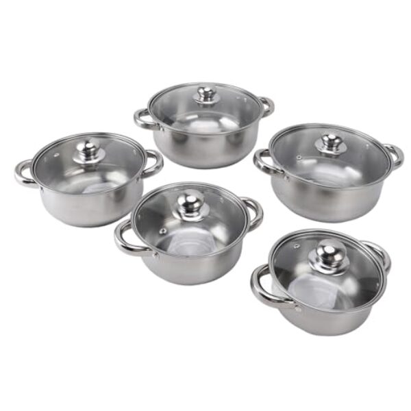 Domary Conjunto de Panelas de Aço Inoxidável, Design de Alça de Orelha de Aquecimento 2, Tampas de Vidro, Empilhável, Base Plana, Panelas Versáteis para Cozinha, Laváveis ​​na Máquina