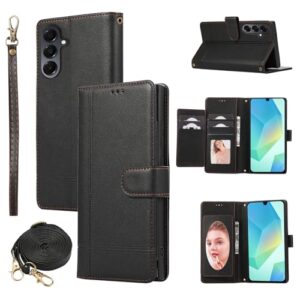 Dswteny Capa carteira compatível com Samsung Galaxy A16/A17/A26 5G, alça transversal, couro sintético espelhado, flip stand, capa para celular A 16 17 26 16A 17A 26A 4G SM-A166U Mulheres Homens Preto