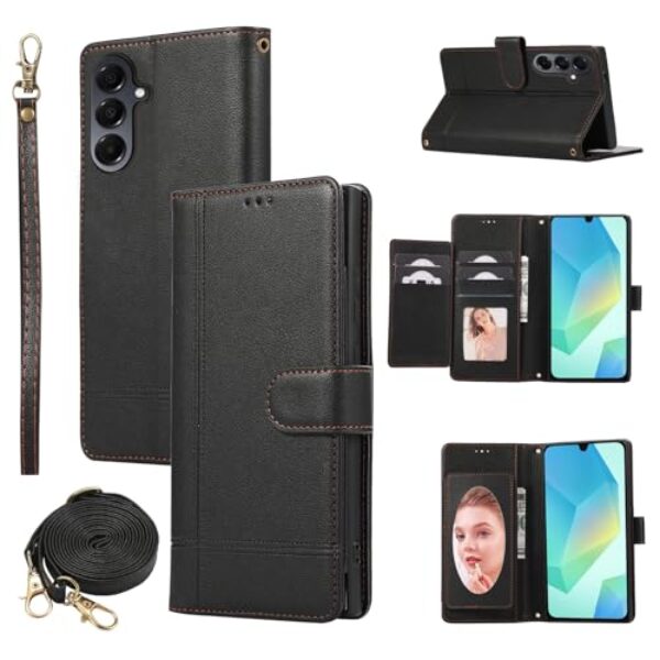 Dswteny Capa carteira compatível com Samsung Galaxy A16/A17/A26 5G, alça transversal, couro sintético espelhado, flip stand, capa para celular A 16 17 26 16A 17A 26A 4G SM-A166U Mulheres Homens Preto