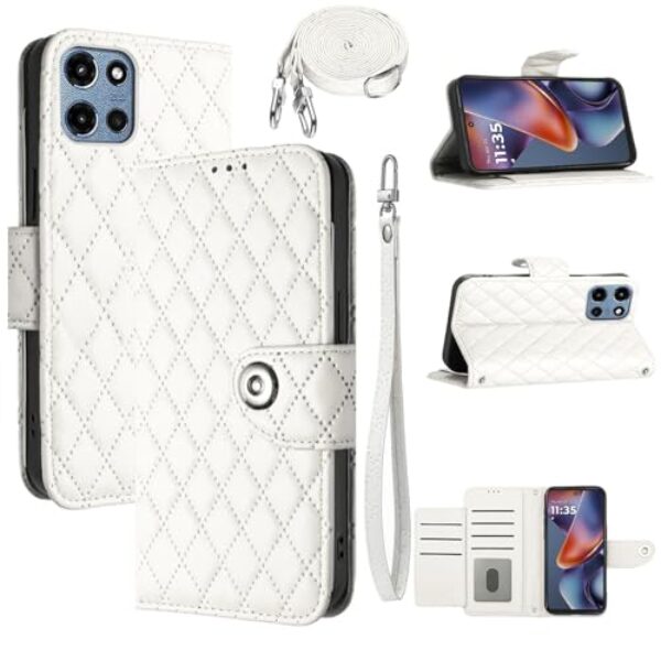 Dswteny Capa carteira para Motorola Moto G 5G 2025 com alça de ombro, padrão Argyle PU couro flip porta-cartão capa para celular para G5G 5 G G5 meninas mulheres branca