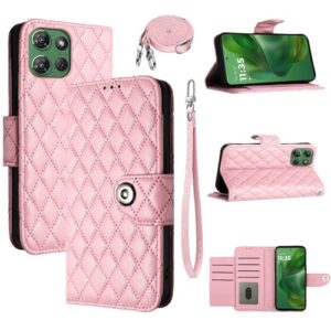 Dswteny Capa carteira para Motorola Moto G Power 5G 2025 com alça de ombro de pulso, capa de celular de couro PU padrão Argyle para XT2515-1 meninas mulheres rosa