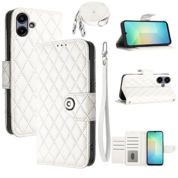 Dswteny Capa carteira para Samsung Galaxy A06/A07 com alça de ombro de pulso, padrão Argyle PU couro flip suporte para cartão de crédito capa para celular AO6 5G/AO7 4G A 06 07 LTE meninas mulheres