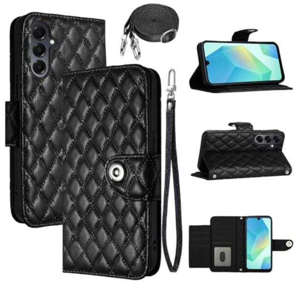 Dswteny Capa carteira para Samsung Galaxy A16/A17/A26 5G com alça de ombro de pulso, padrão Argyle PU couro flip porta-cartão capa para celular A 16 17 26 16A 17A 26A 4G SM-A166U meninas mulheres